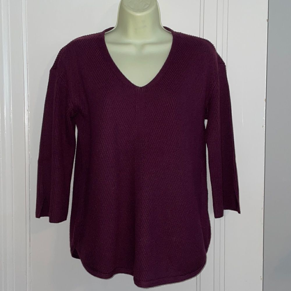 Chico’s plum colored V neck‎ sweater with 3/4 sleeves